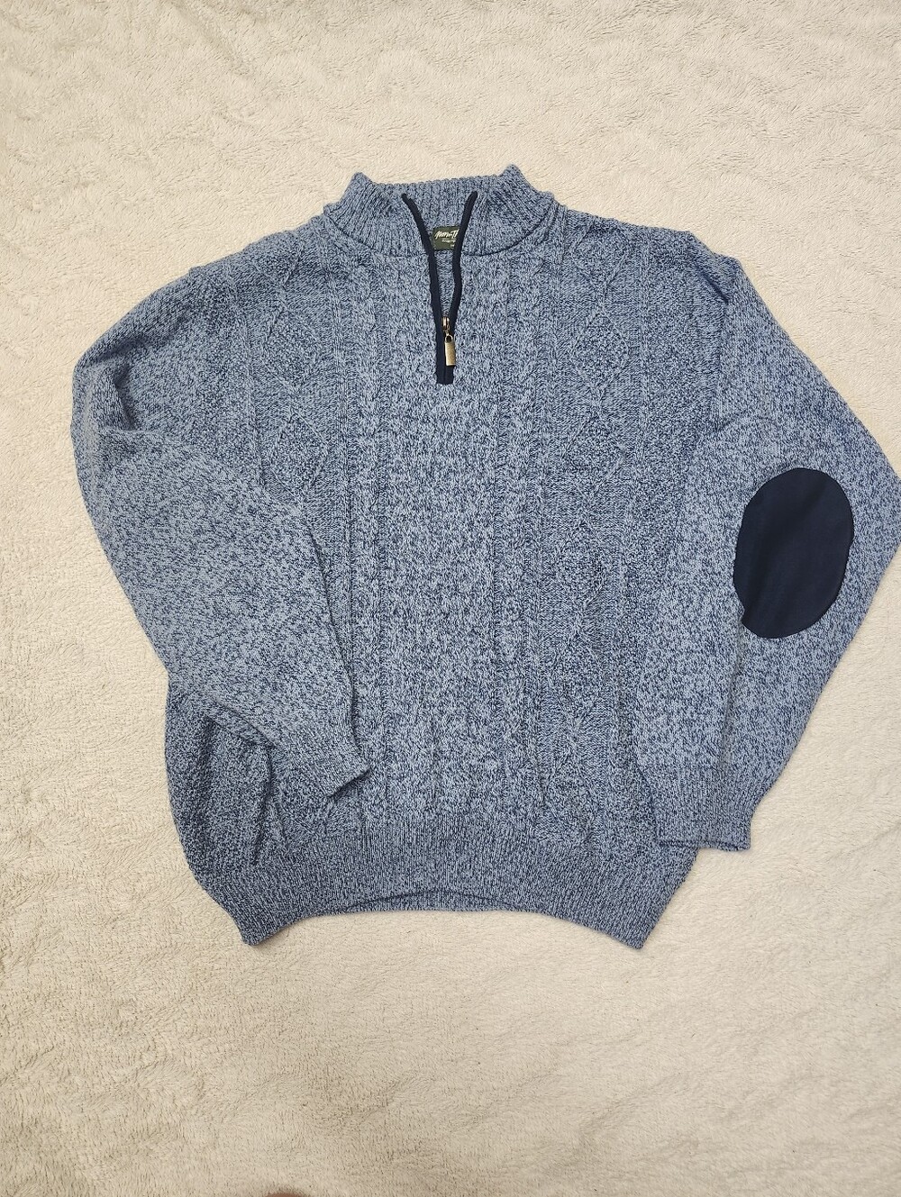 • Norm Thompson Mens Sweater Blue Large Merino Wool Blend Elbow Patches Pullover